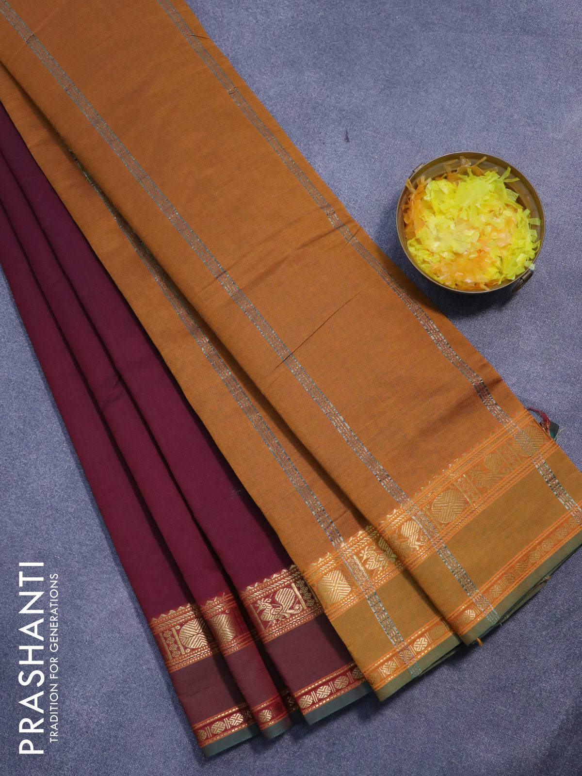 10 yards semi silk cotton saree maroon and dark mustard with plain body and rettapet zari woven border