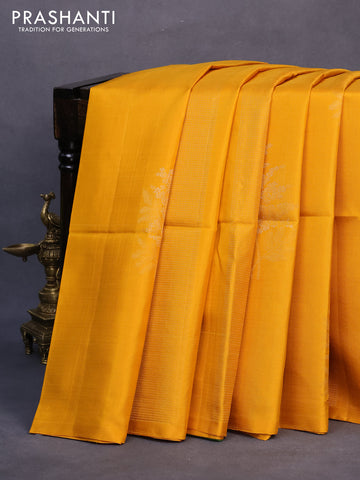 Pure soft silk saree mustard yellow and green with allover zari weaves in borderless style - borderless style