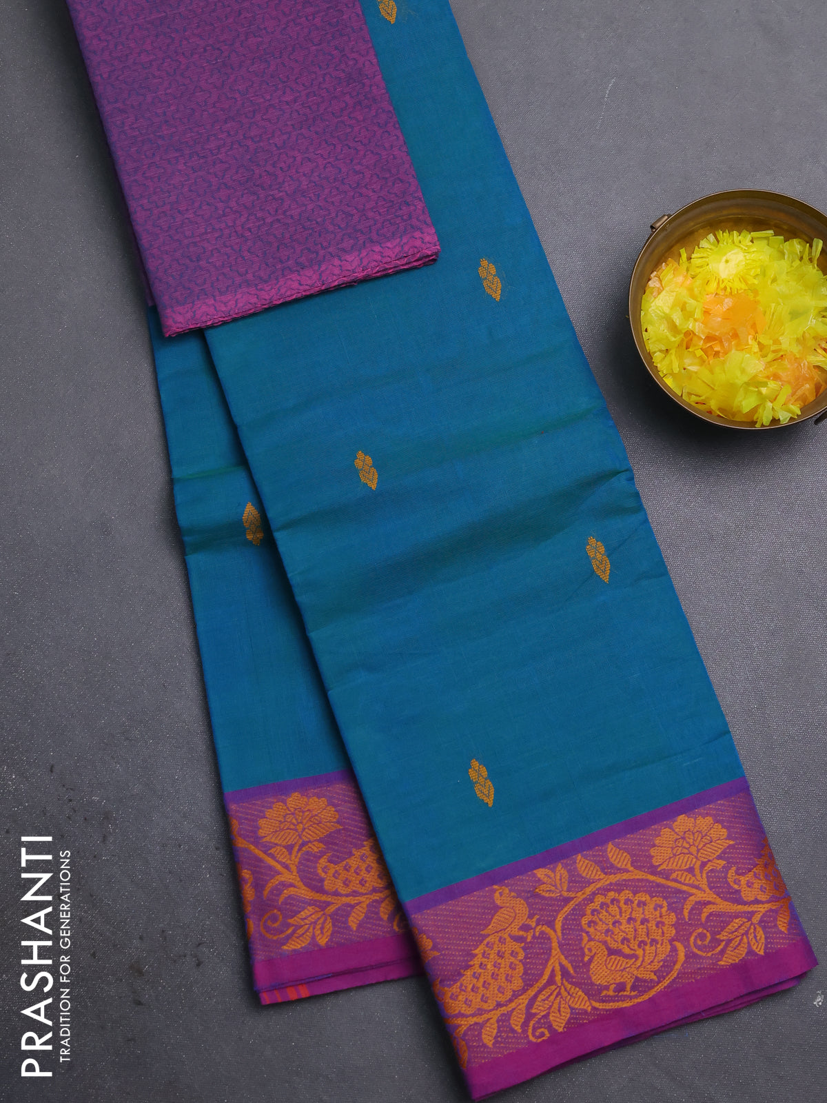 Chettinad cotton saree peacock blue and purple with thread woven buttas and thread woven border