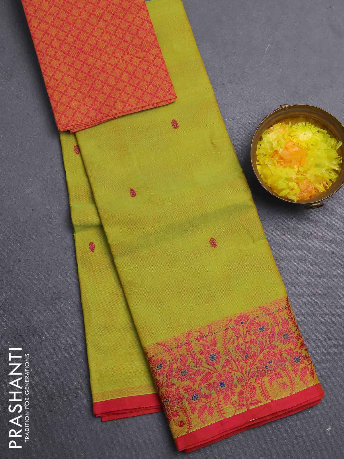 Chettinad cotton saree lime green and pink with thread woven buttas and thread woven border