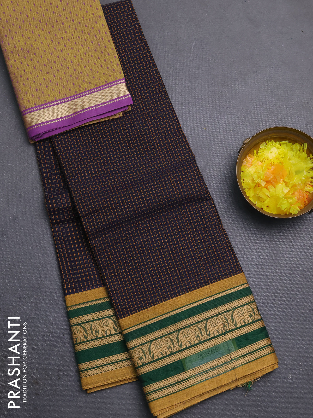 Chettinad cotton saree navy blue and mustard shade with allover cheked pattern and thread woven border