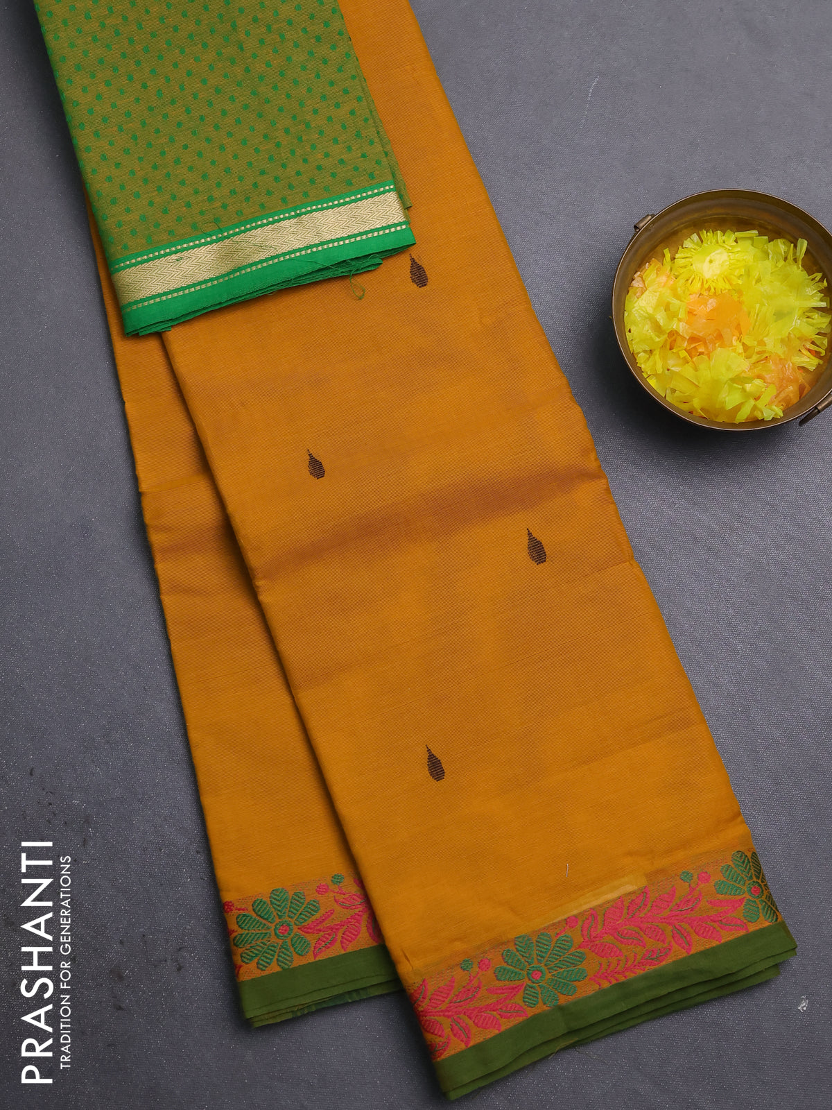 Chettinad cotton saree mustard yellow and sap green with thread woven buttas and thread woven border