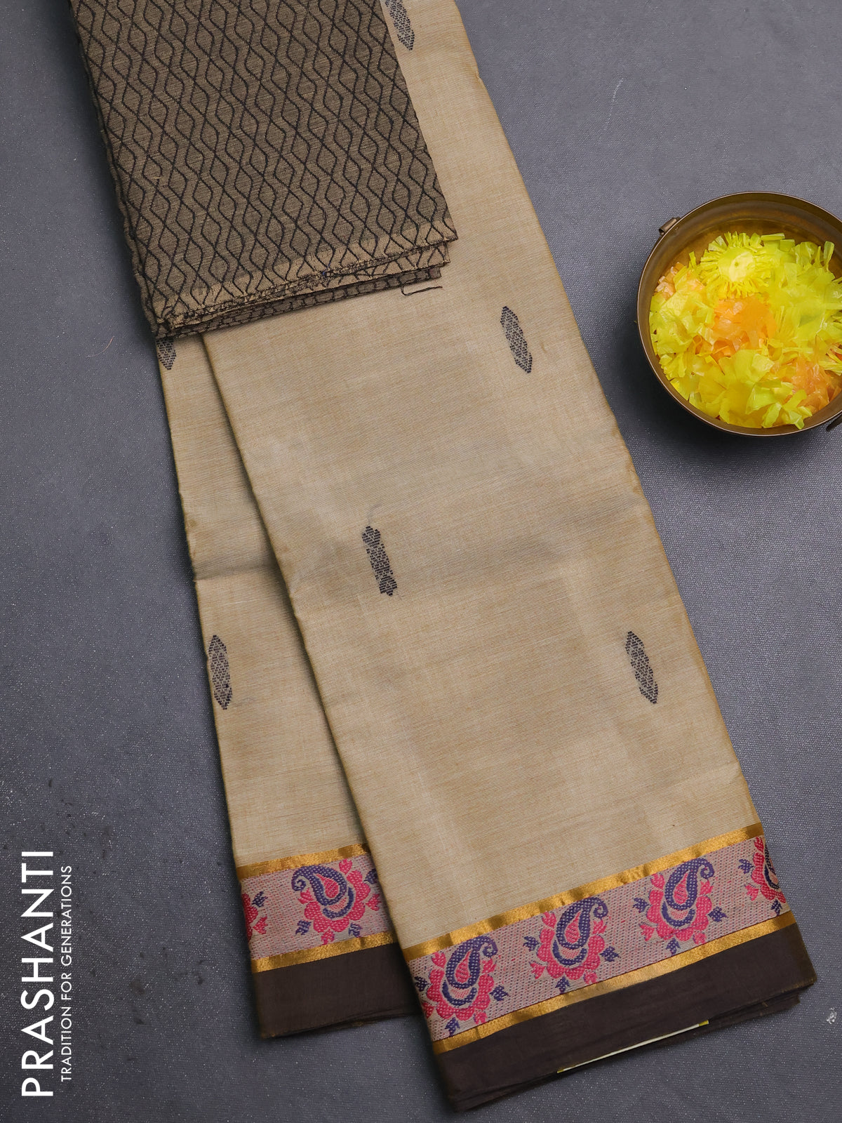 Chettinad cotton saree beige with allover thread woven buttas and thread woven border