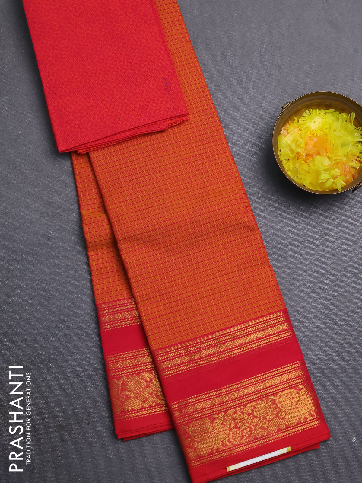 Chettinad cotton saree orange and red with allover checked pattern and rettapet zari woven border