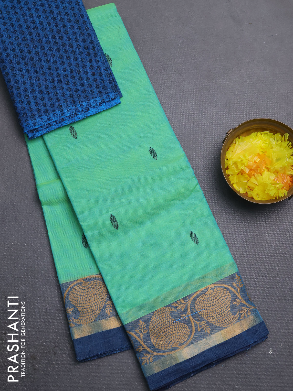 Chettinad cotton saree dual shade of light greenish blue and peacock blue with thread woven buttas and thread & zari woven border