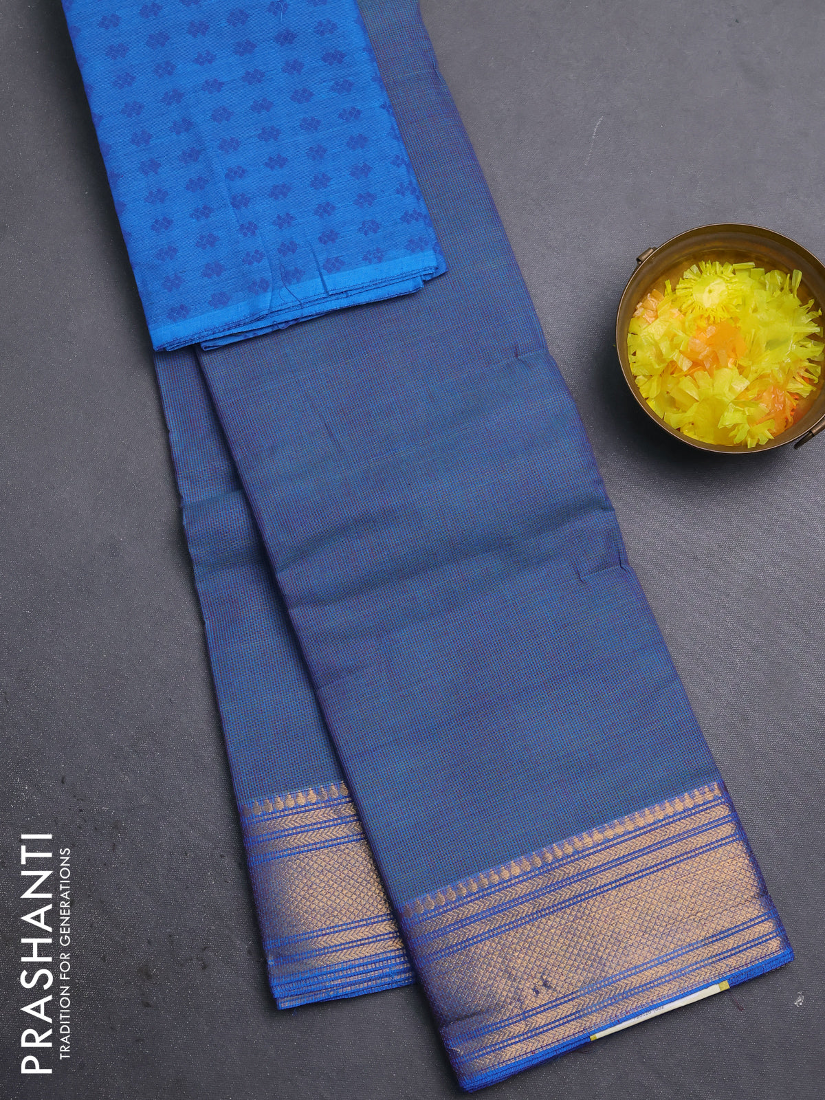 Chettinad cotton saree blue with allover small checked pattern and zari woven border