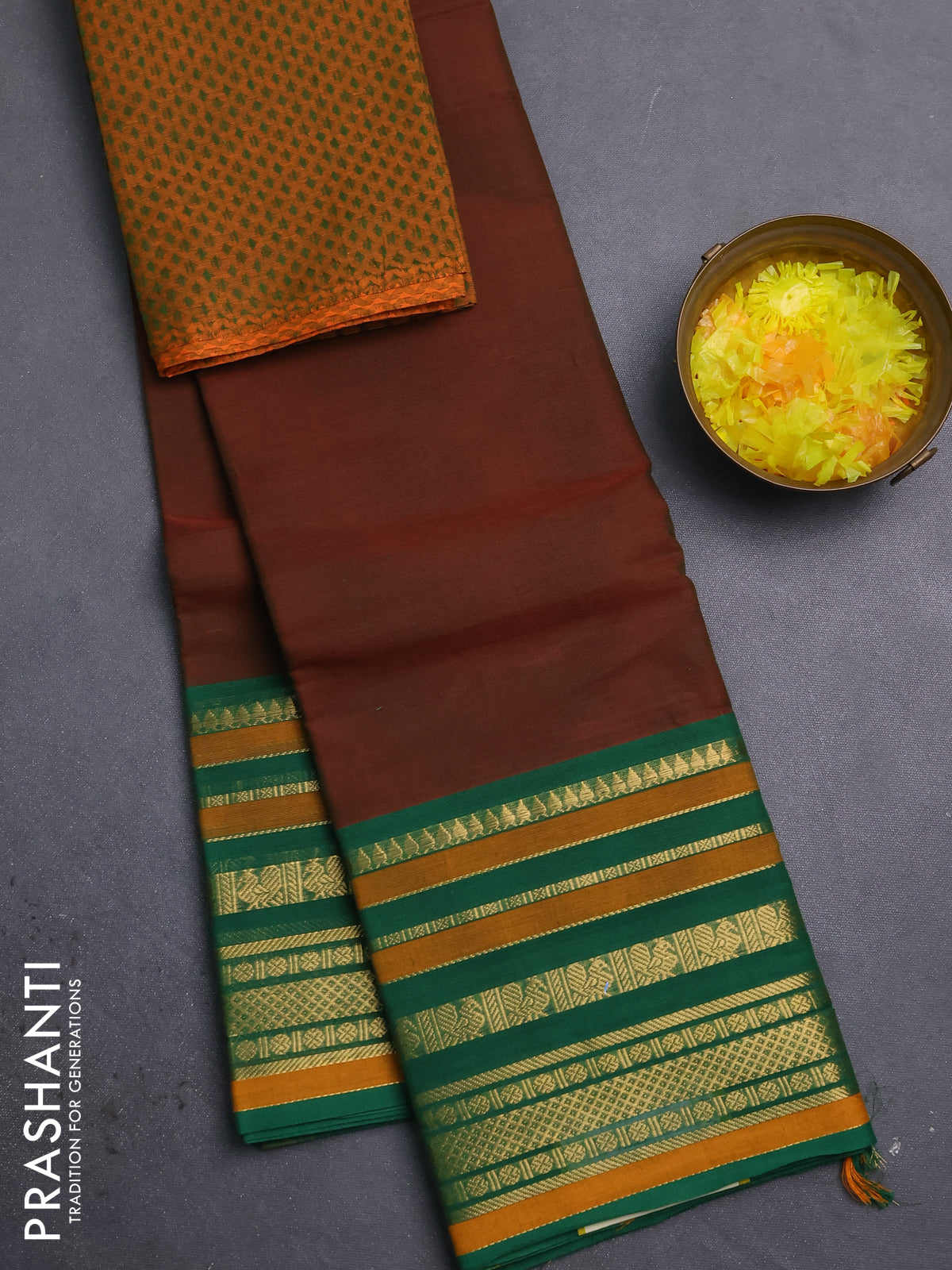 Chettinad cotton saree manthulir green and green with plain body and long zari woven border