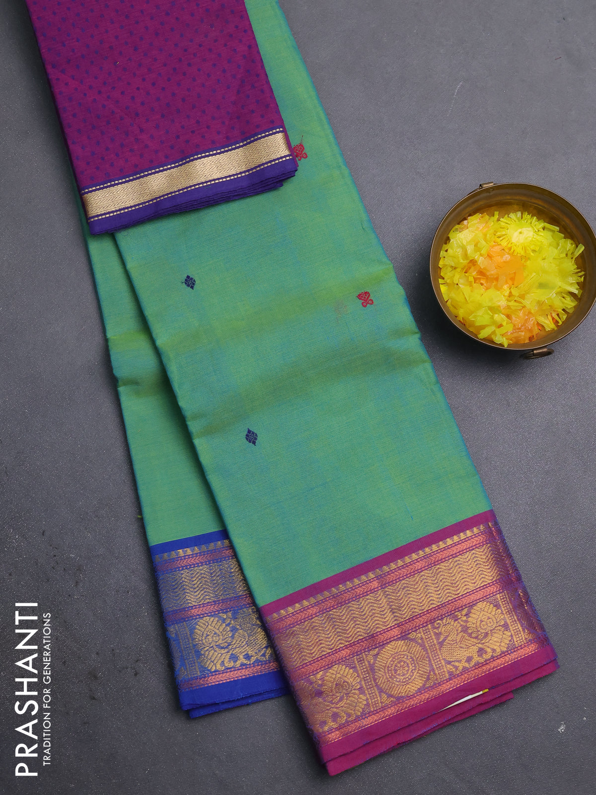 Chettinad cotton saree dual shade of green and purple blue with thread woven buttas and ganga jamuna zari woven border