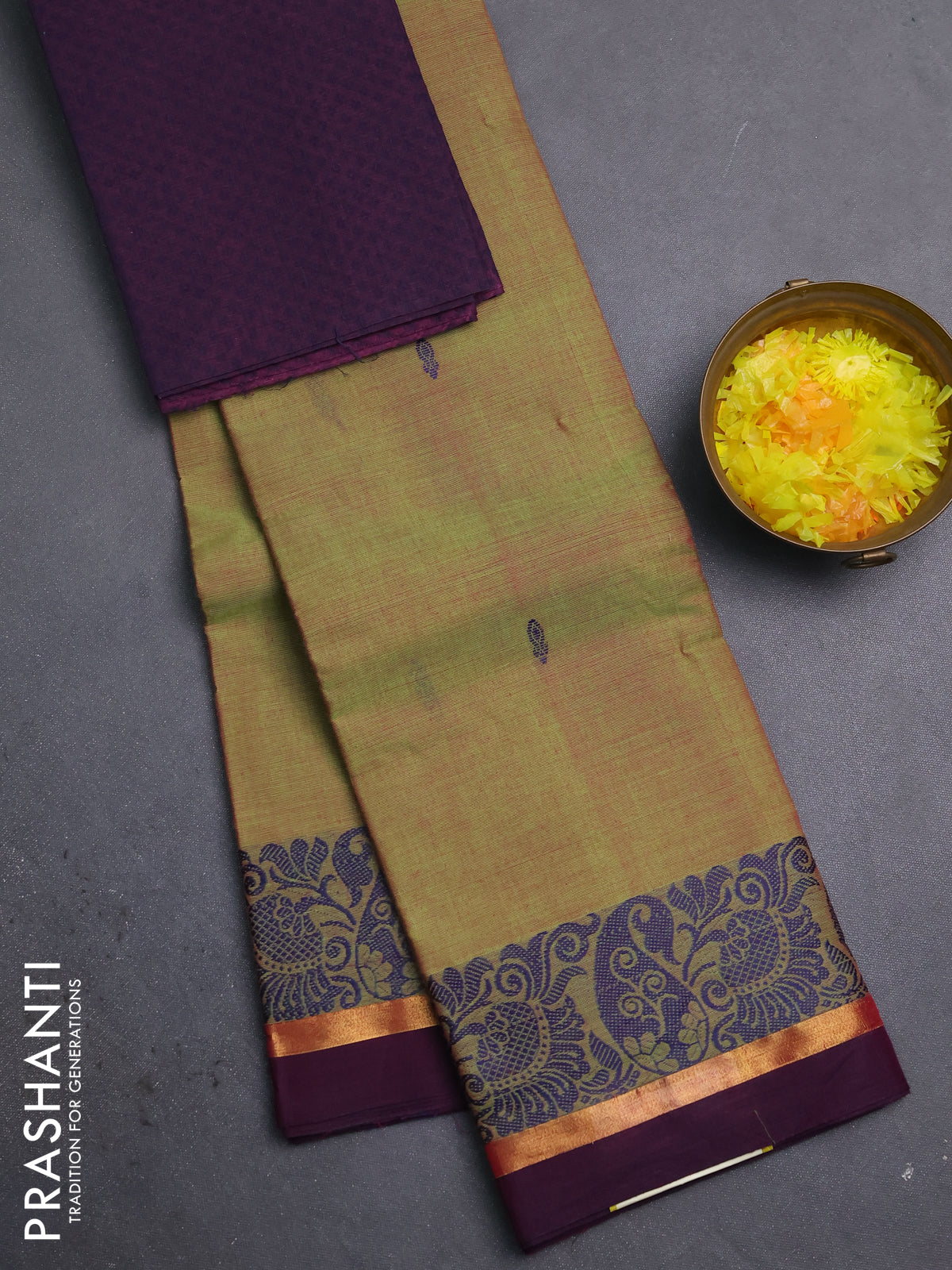 Chettinad cotton saree sap green and purple with thread woven buttas and thread woven simple border