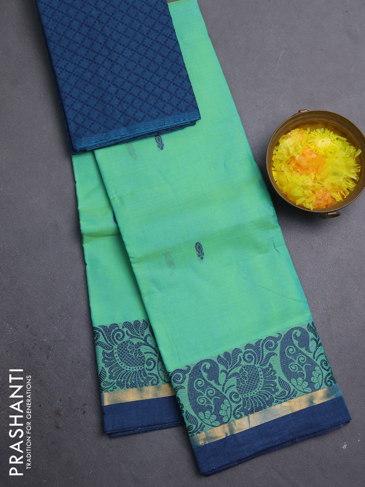 Chettinad cotton saree teal green and navy blue with thread woven buttas and thread woven simple border