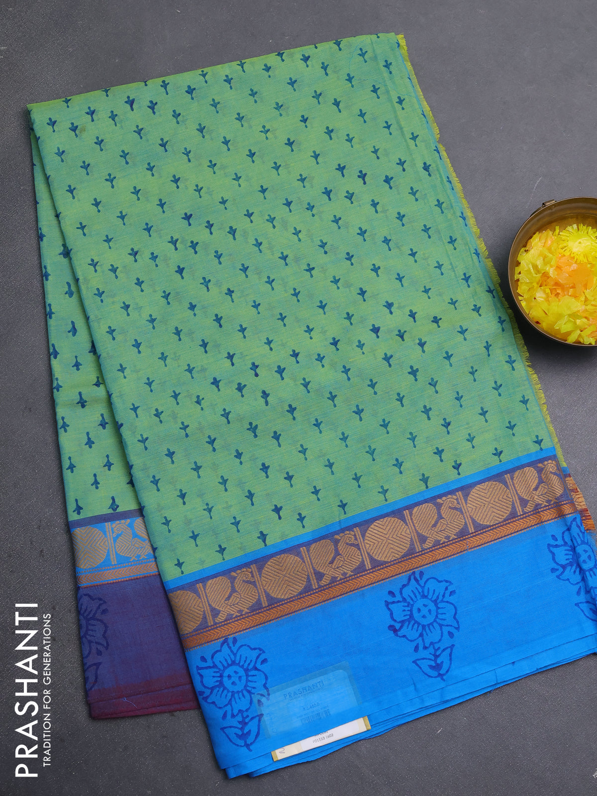 Chettinad cotton saree dual shade of light green and cs blue with allover butta prints and ganga jamuna border