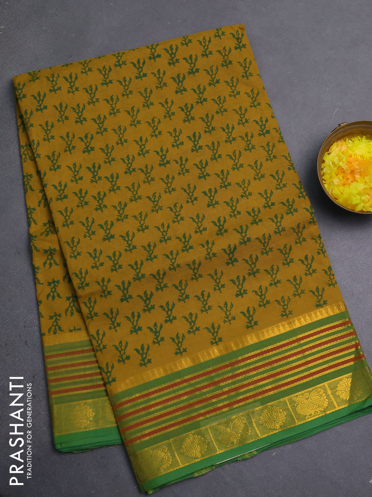 Chettinad cotton saree mustard green and green with allover butta prints and zari woven border