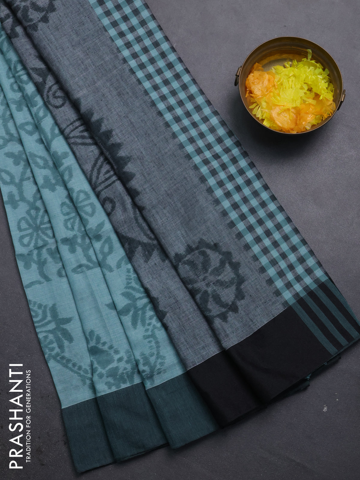 Bengal soft cotton saree teal blue and grey with allover weaves and simple border