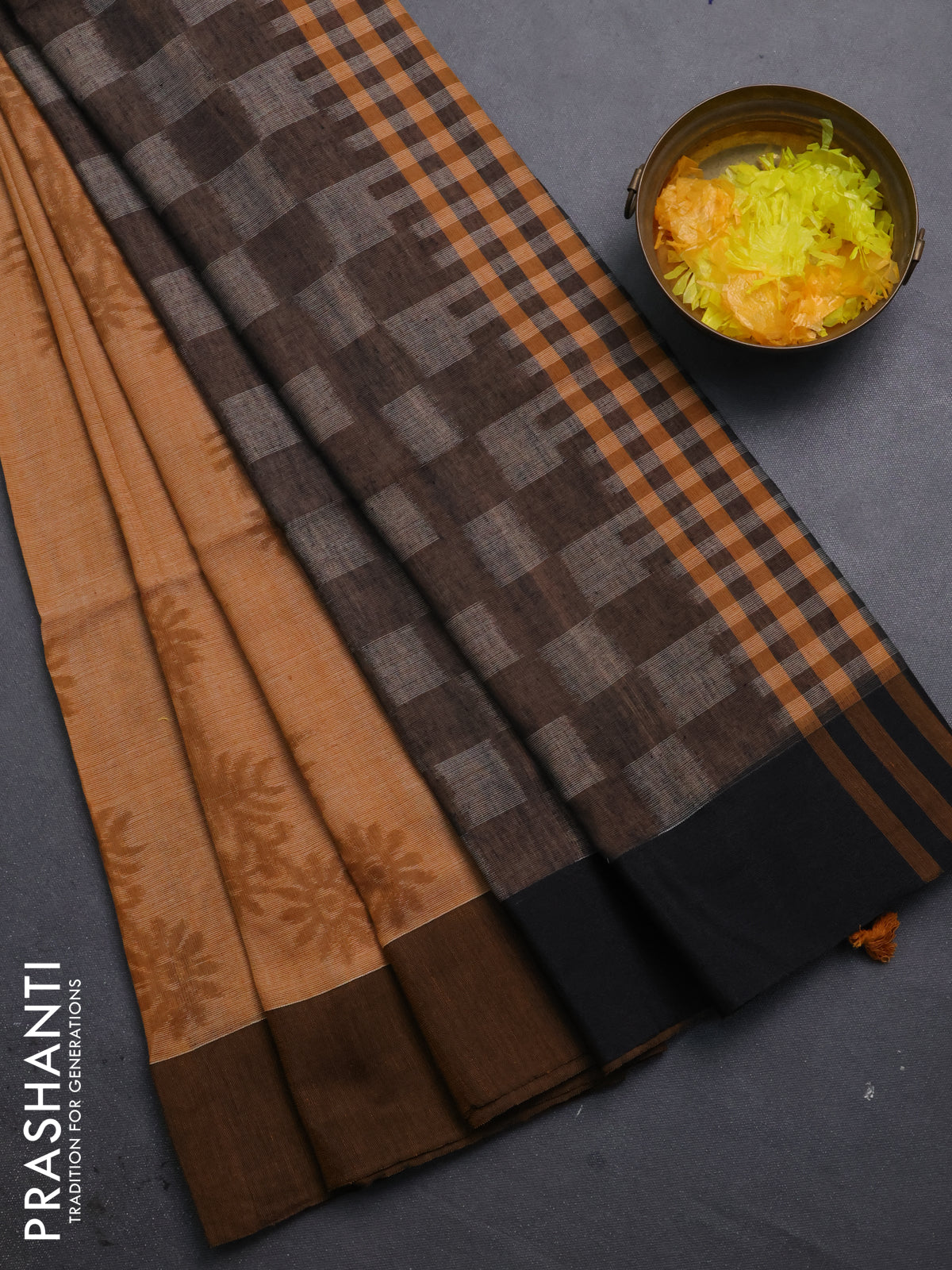 Bengal soft cotton saree dark mustard and grey with allover weaves and simple border
