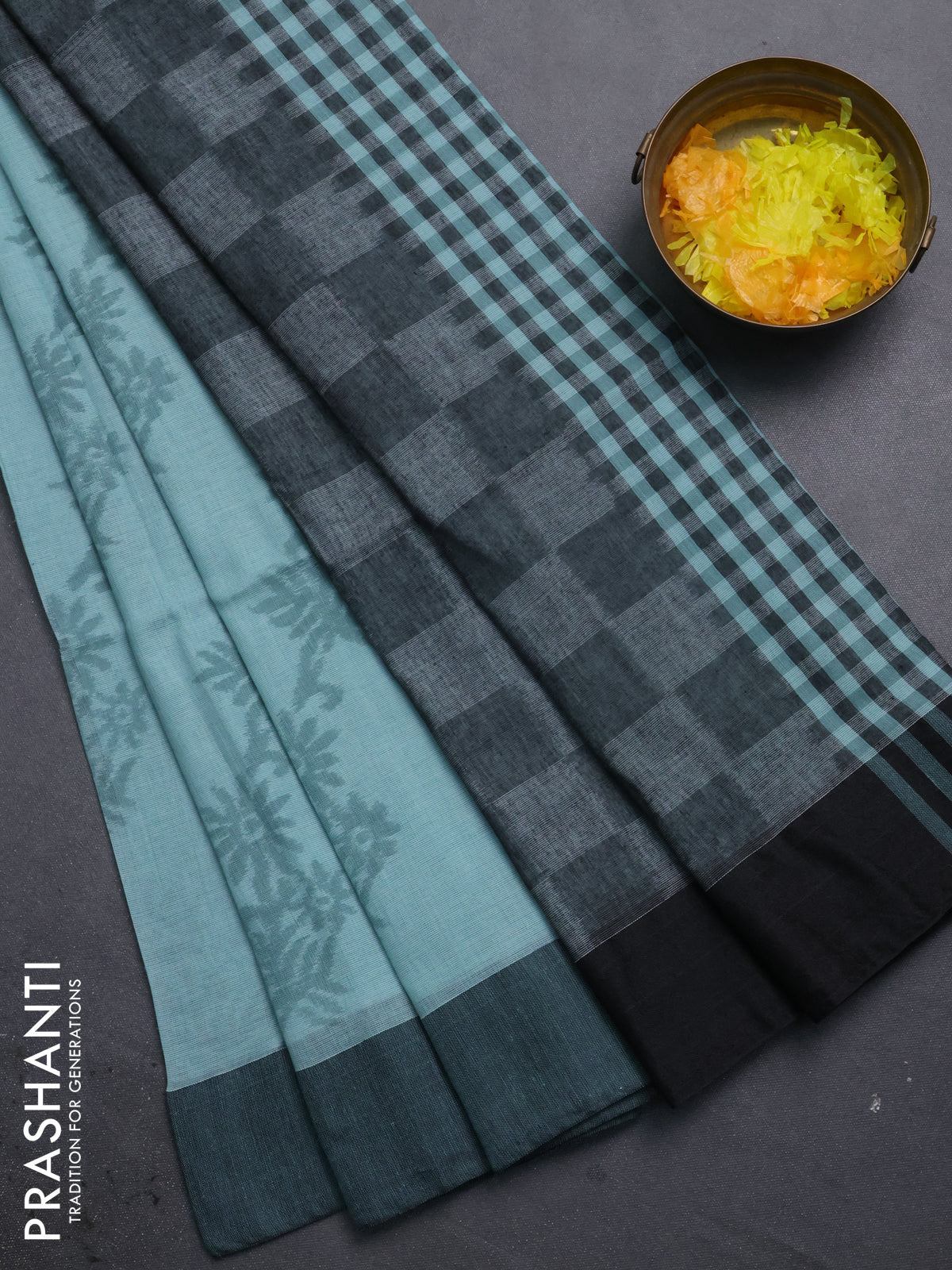 Bengal soft cotton saree teal blue and black with allover weaves and simple border