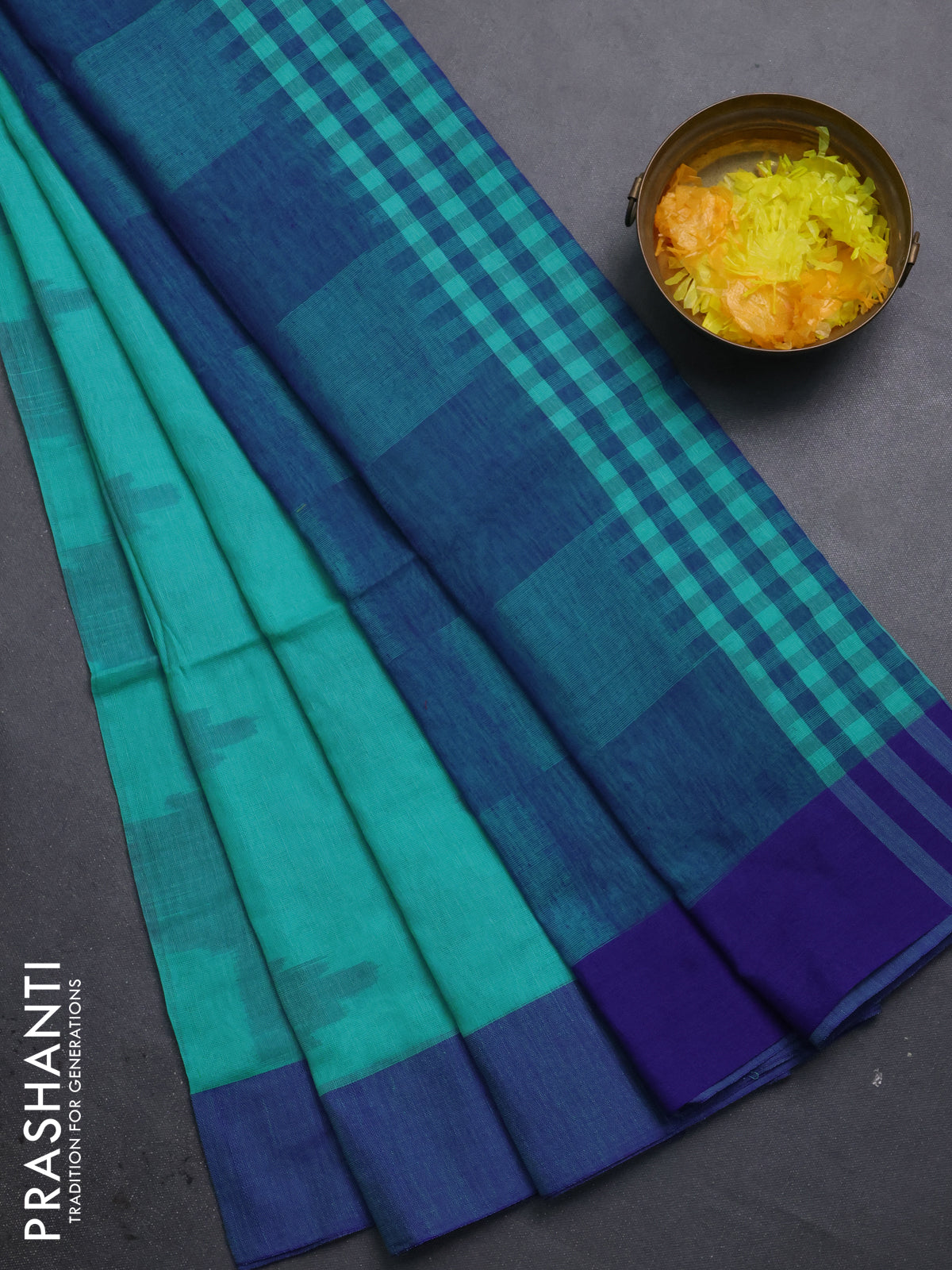 Bengal soft cotton saree teal blue and navy blue with allover weaves and simple border