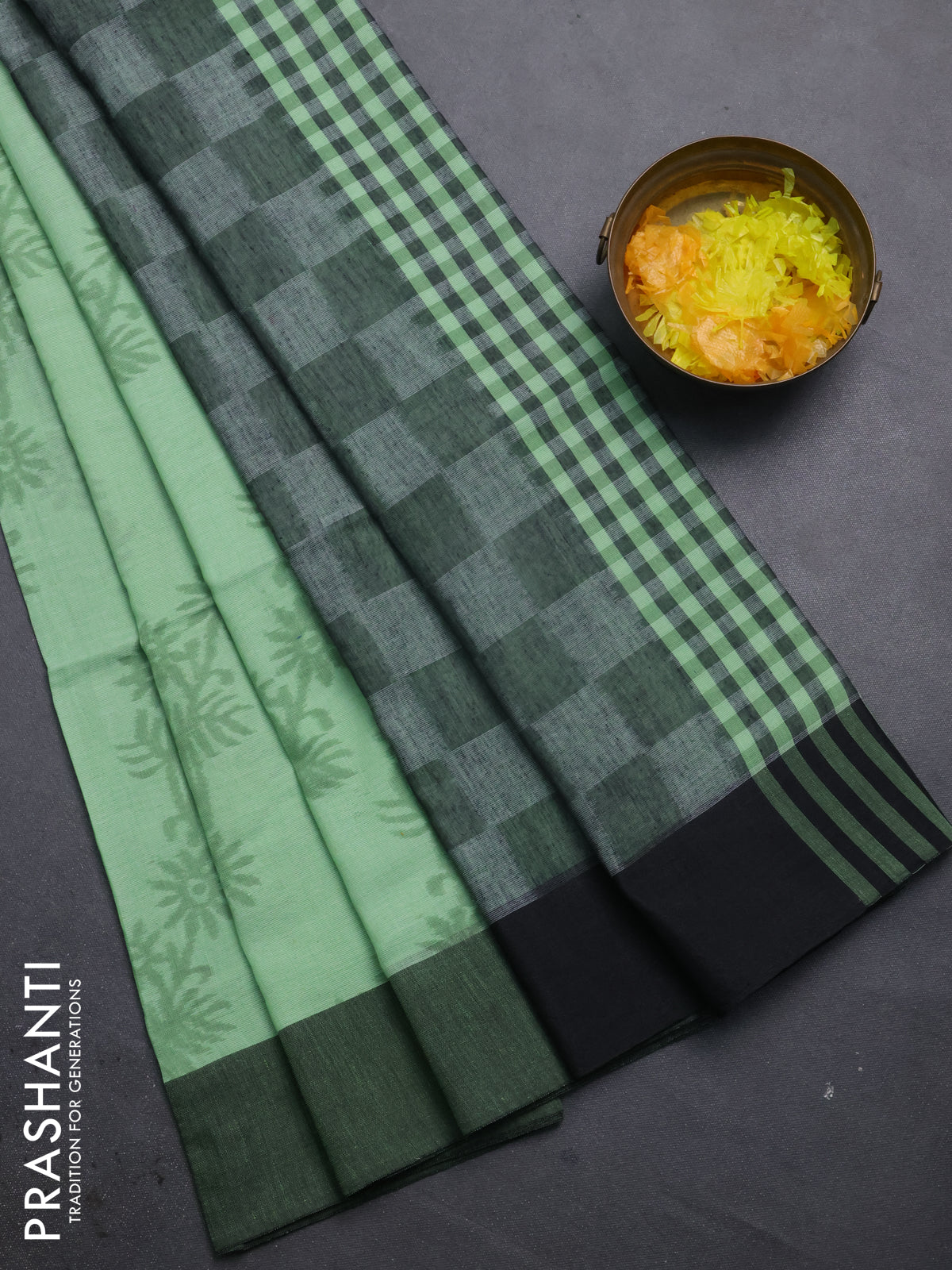 Bengal soft cotton saree pista green and black with allover weaves and simple border