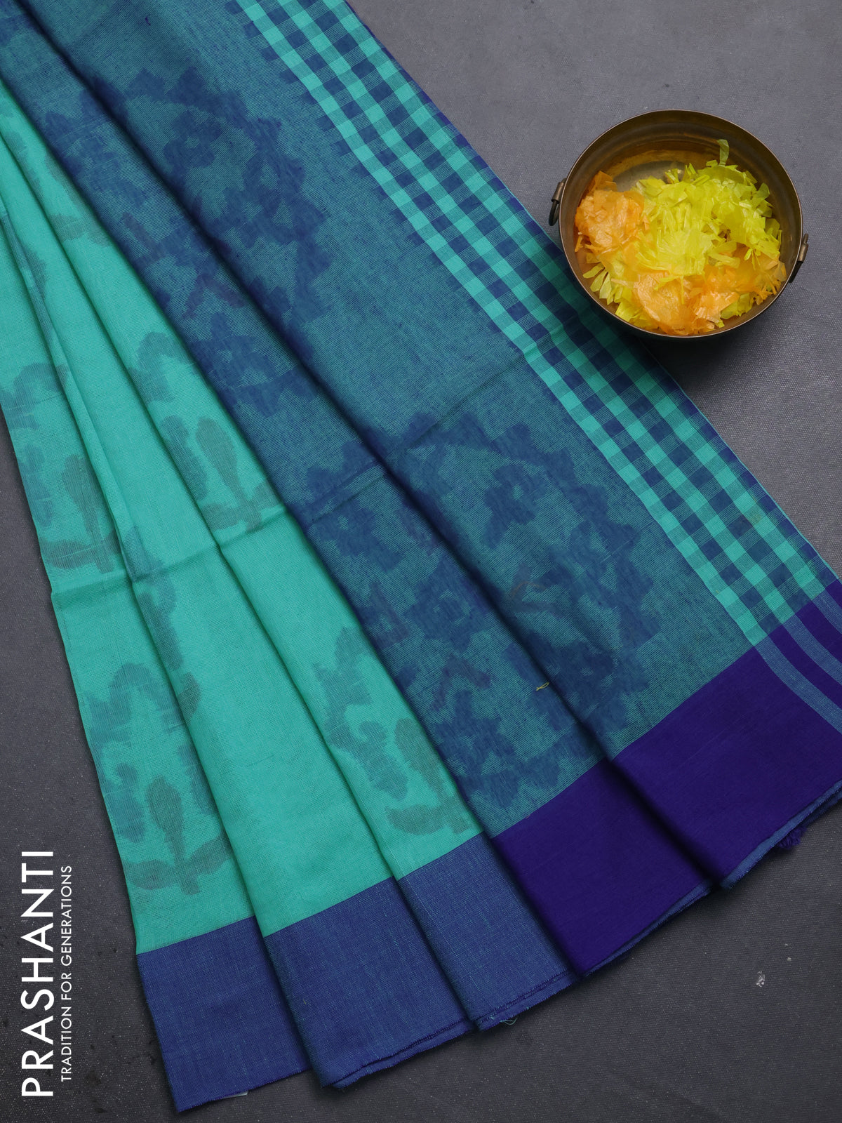 Bengal soft cotton saree teal blue and navy blue with allover butta weaves and simple border