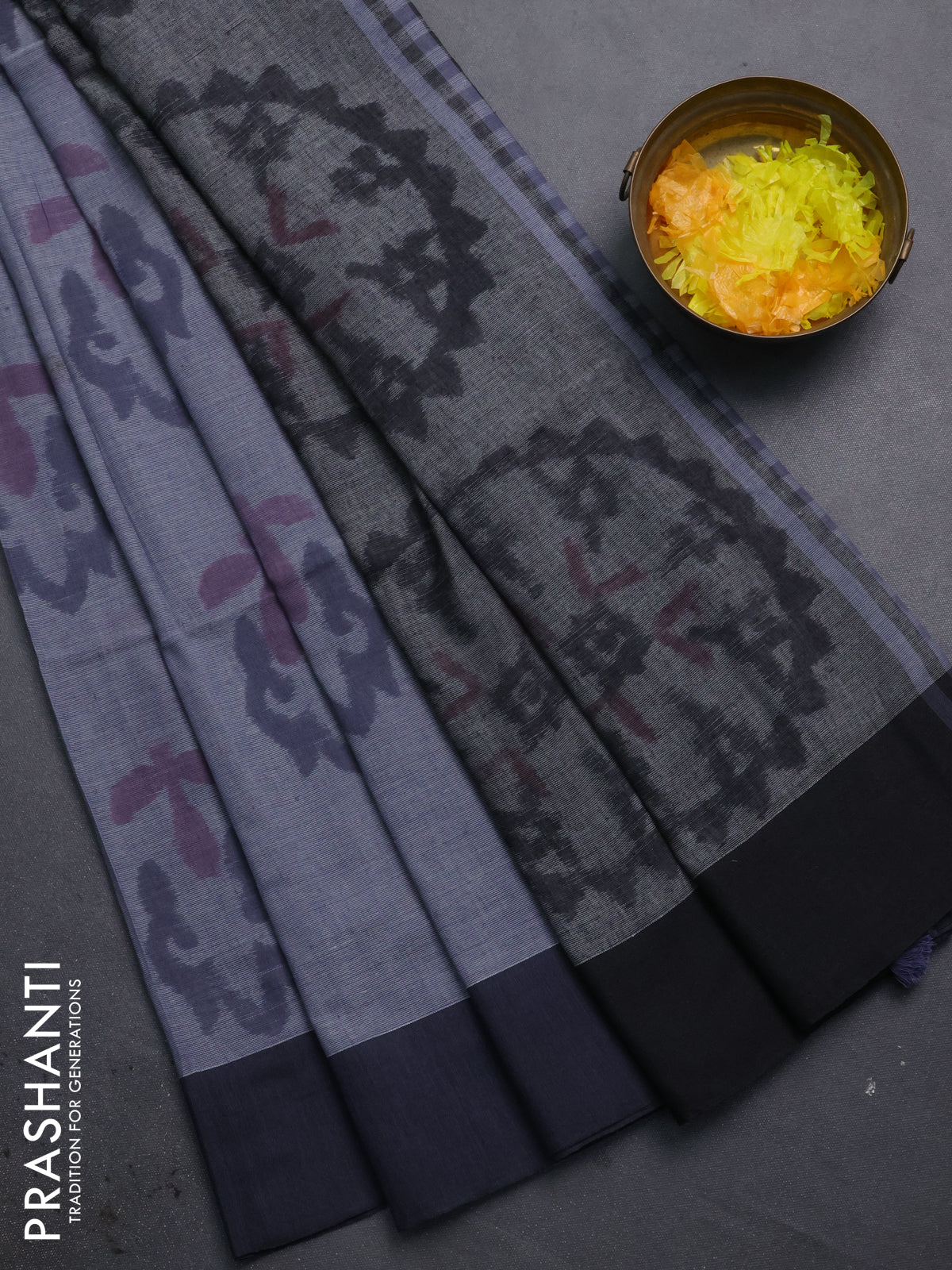 Bengal soft cotton saree grey and black with allover butta weaves and simple border