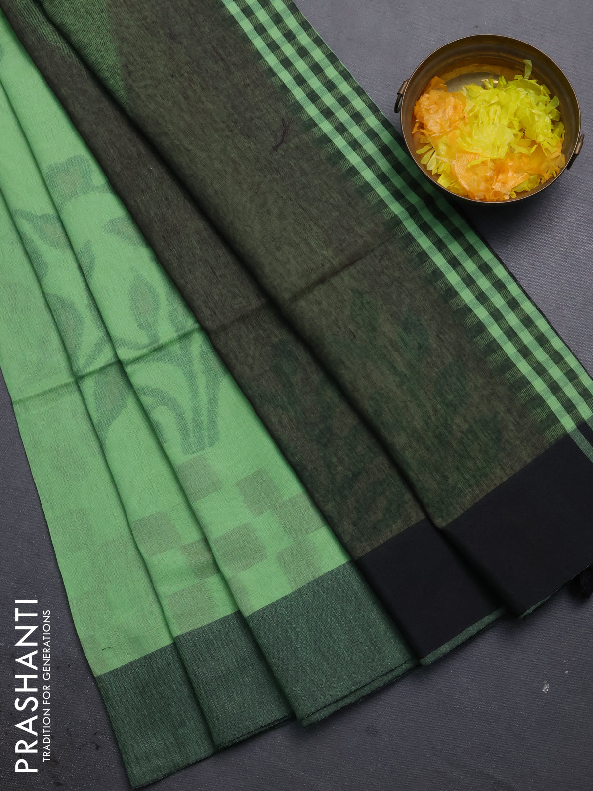Bengal soft cotton saree pista green and black with allover weaves and simple border