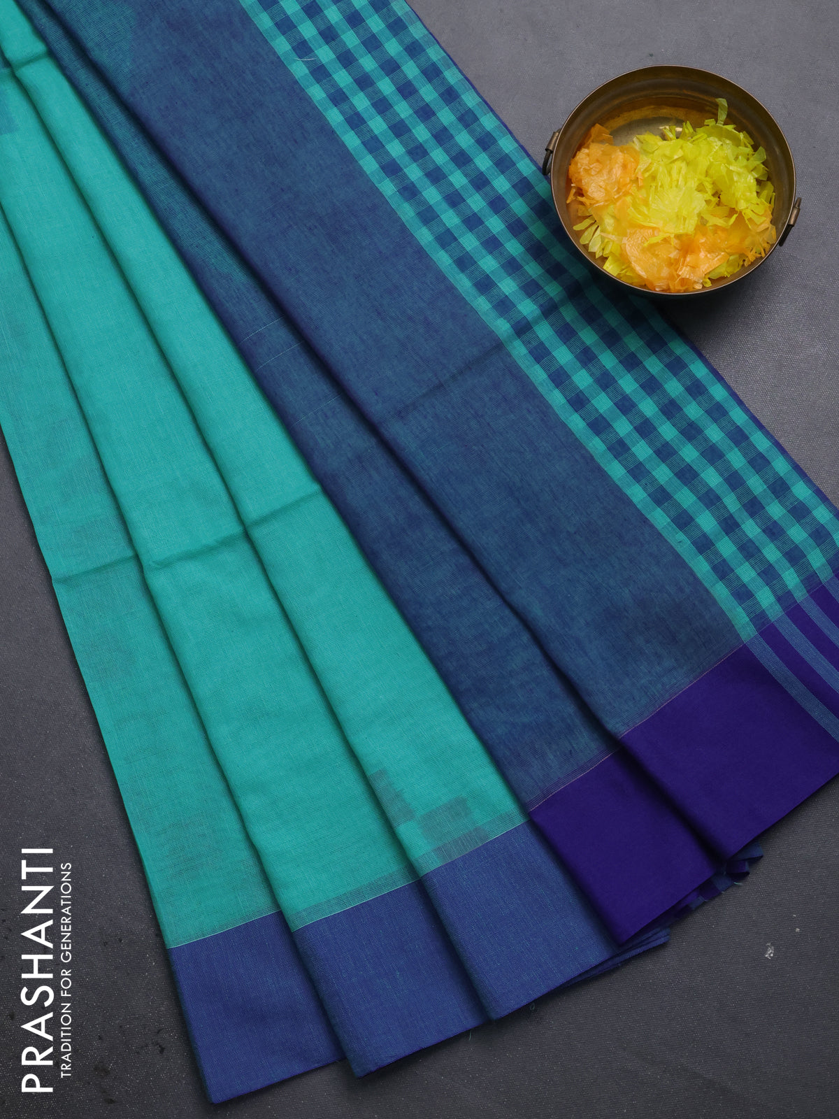 Bengal soft cotton saree teal blue and blue with allover weaves and simple border