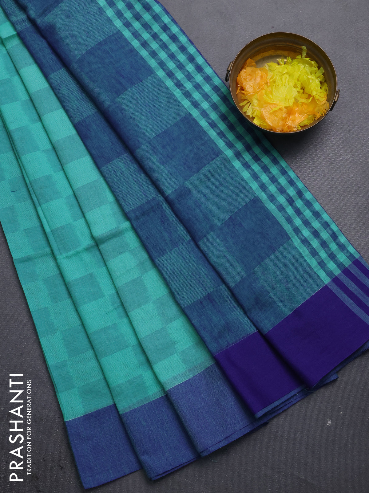 Bengal soft cotton saree teal blue and blue with allover weaves and simple border