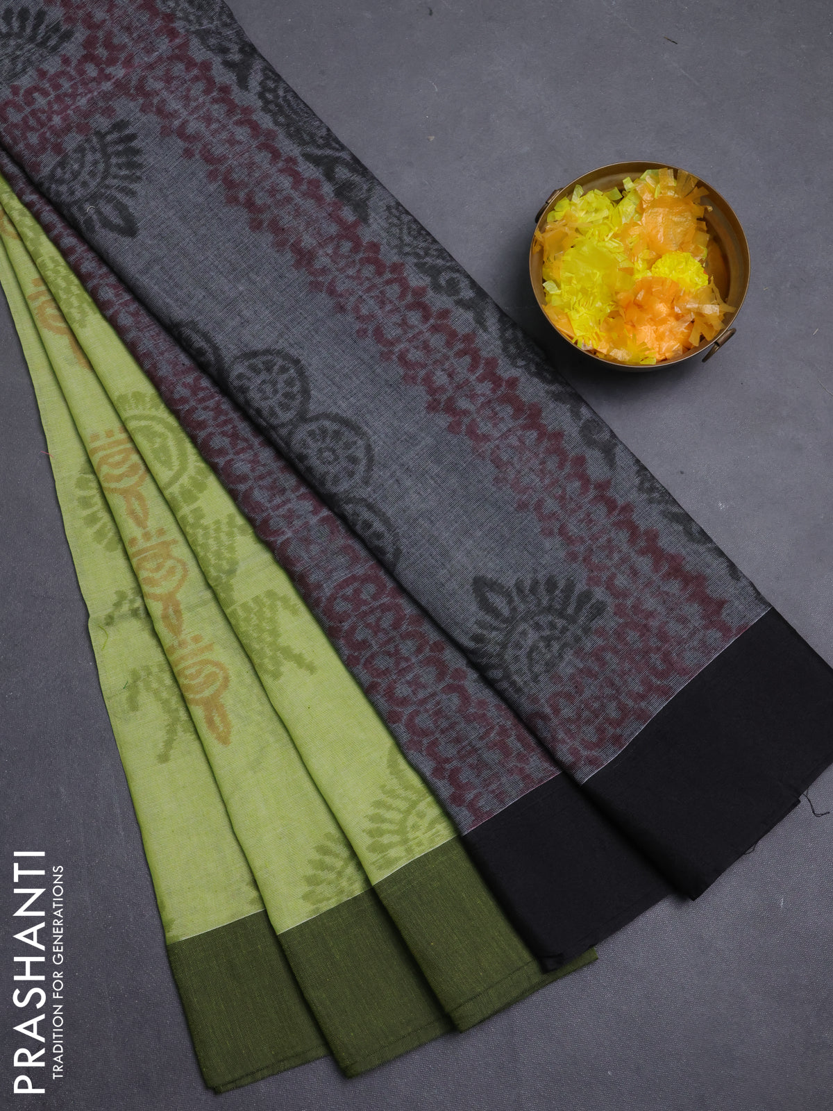 Bengal soft cotton saree pista green and grey with allover weaves and simple border