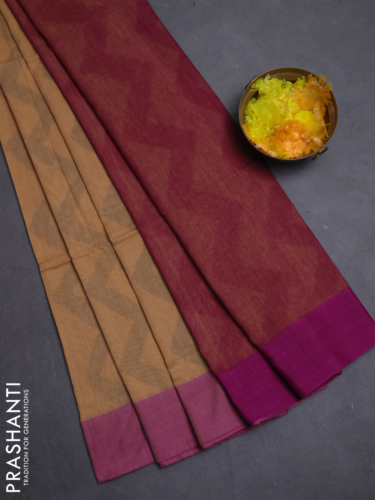 Bengal soft cotton saree violet and sandal with allover weaves and simple border