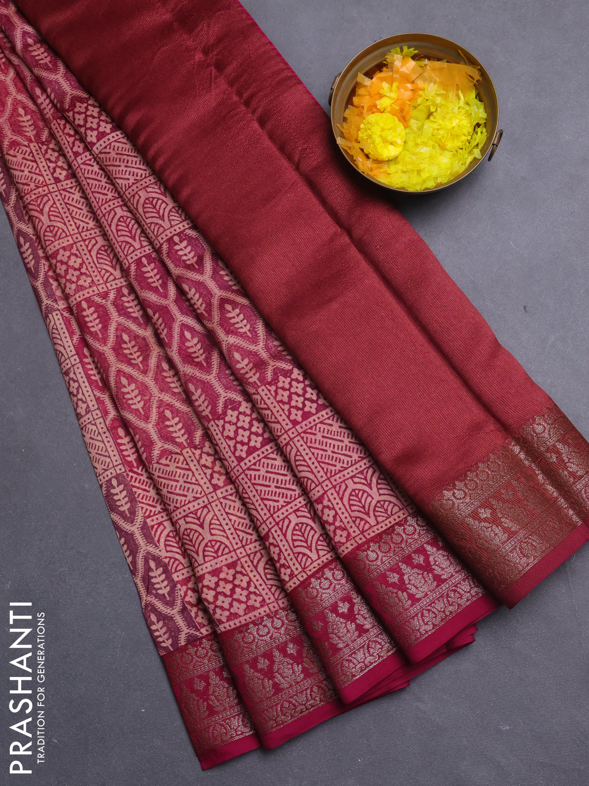 Chanderi silk cotton saree mauve pink with allover prints and banarasi style border