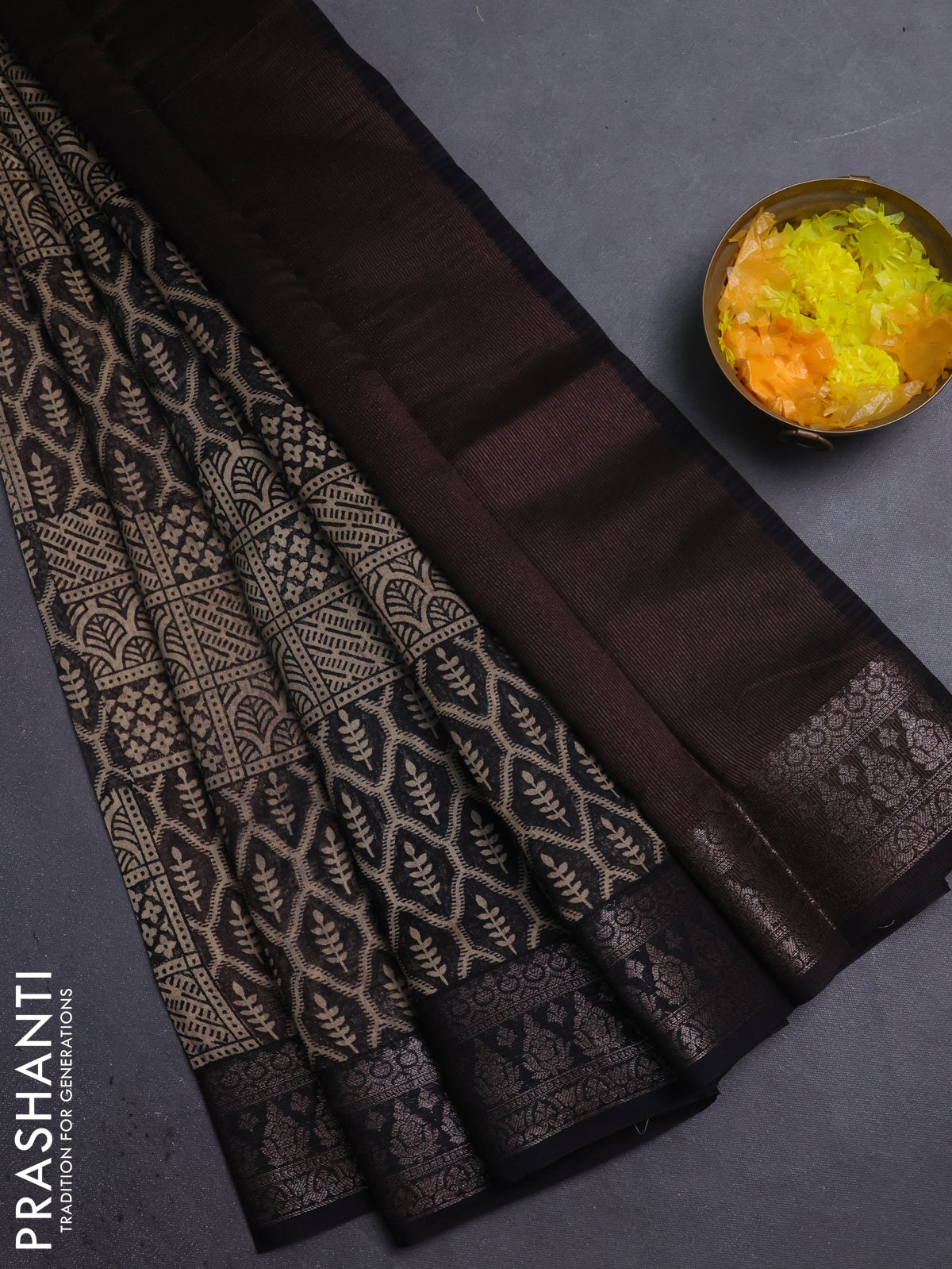 Chanderi silk cotton saree black with allover prints and banarasi style border