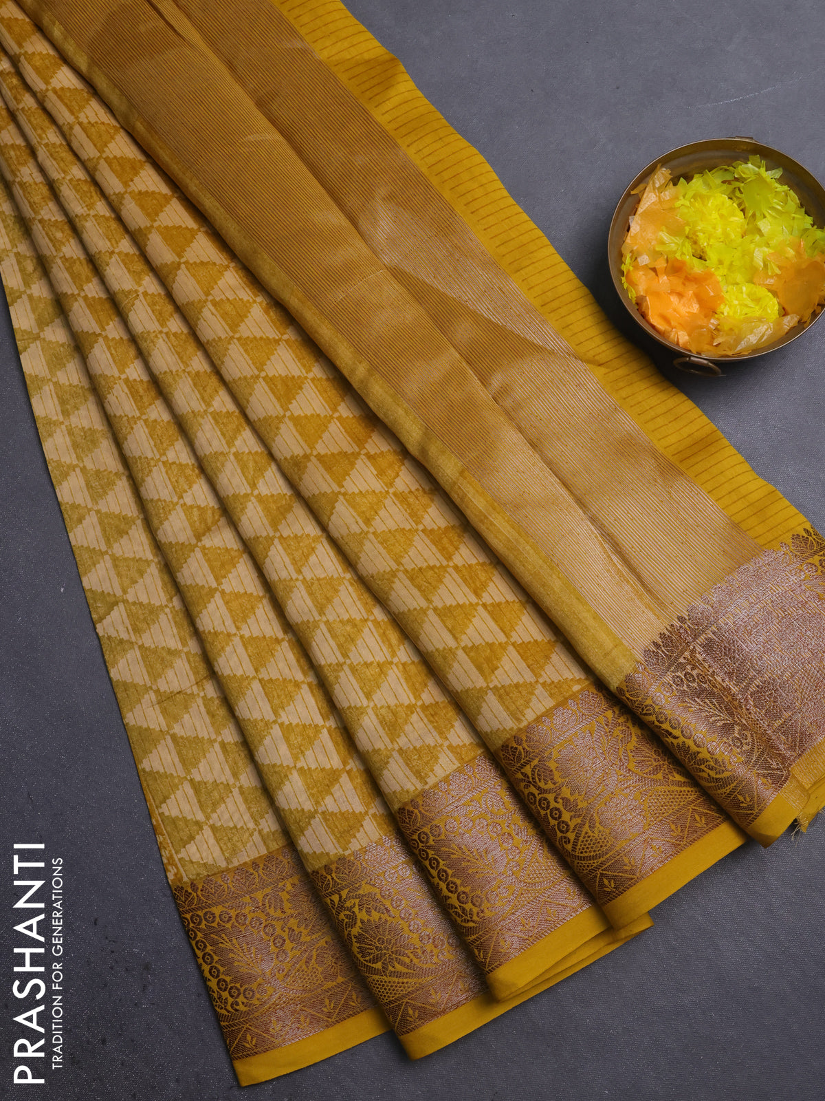 Chanderi silk cotton saree mustard yellow with allover prints and banarasi style border