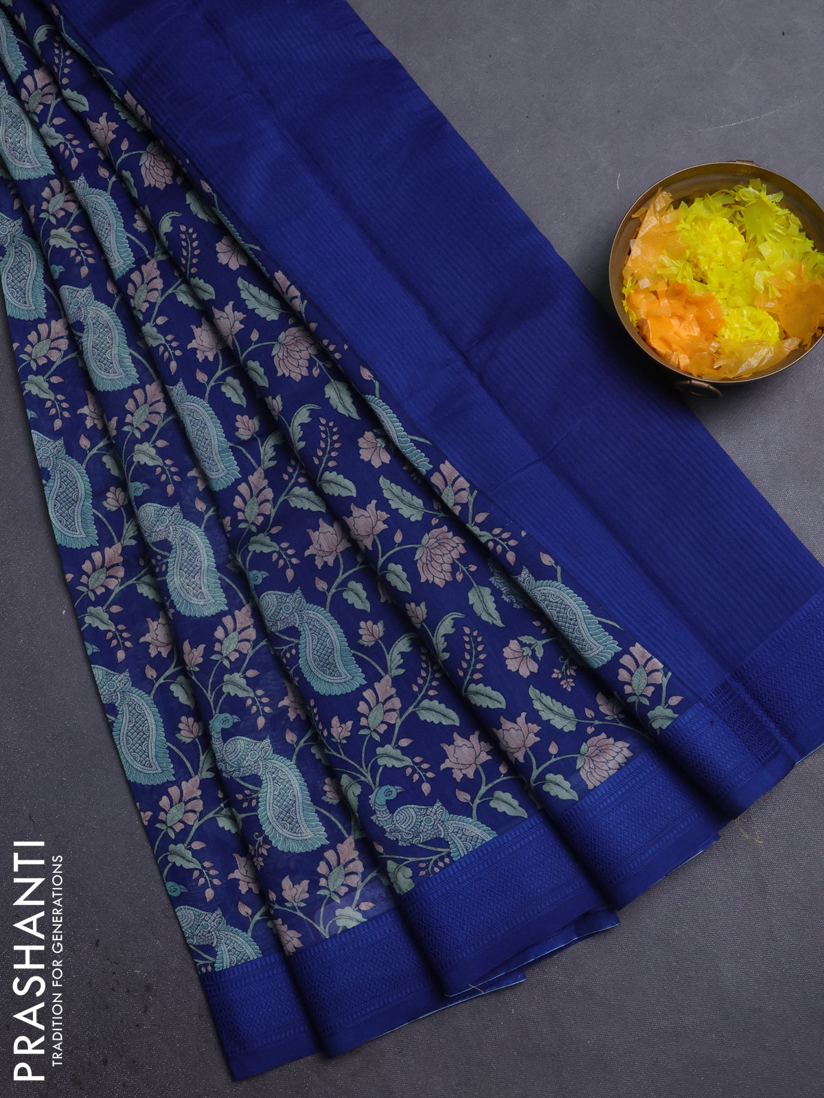 Chanderi silk cotton saree blue with allover kalamkari prints and woven border