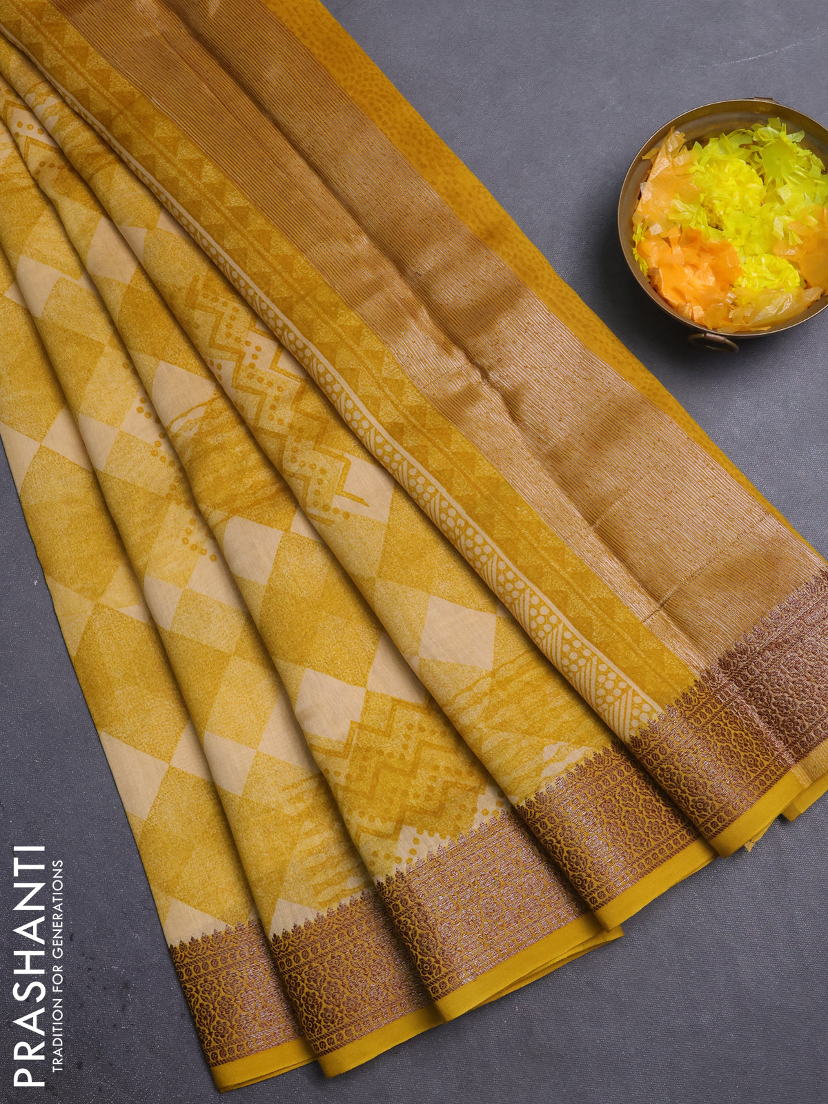 Chanderi silk cotton saree mustard yellow with allover geometric prints and banarasi style border