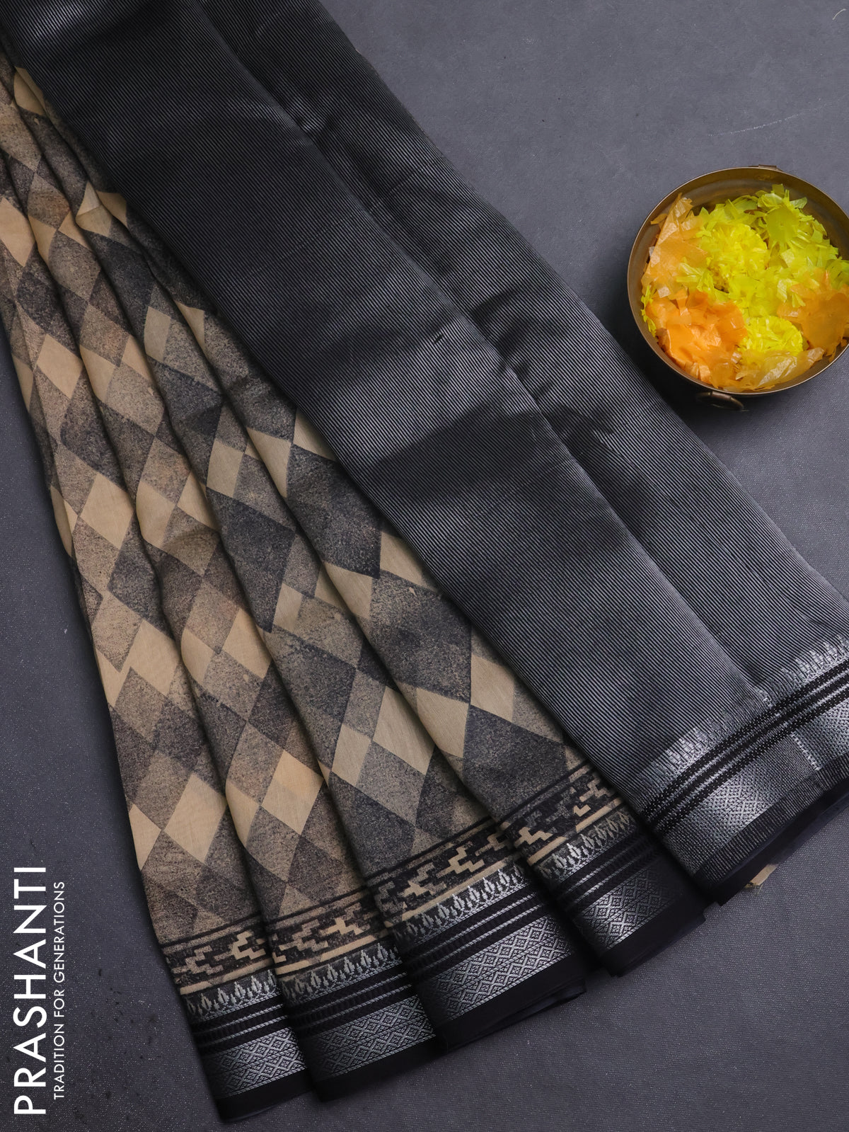 Chanderi silk cotton saree black with allover geometric prints and silver zari woven border