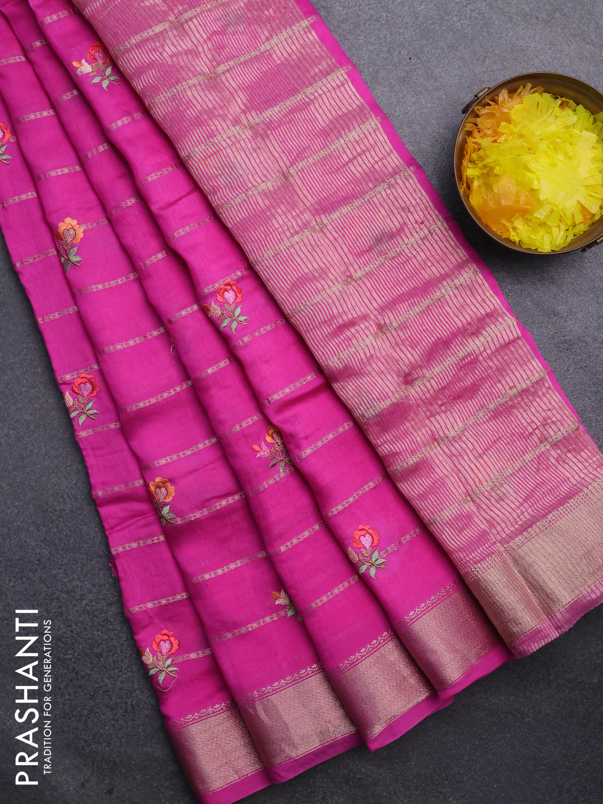 Assam silk saree pink with allover zari weaves & embroidery work buttas and zari woven border