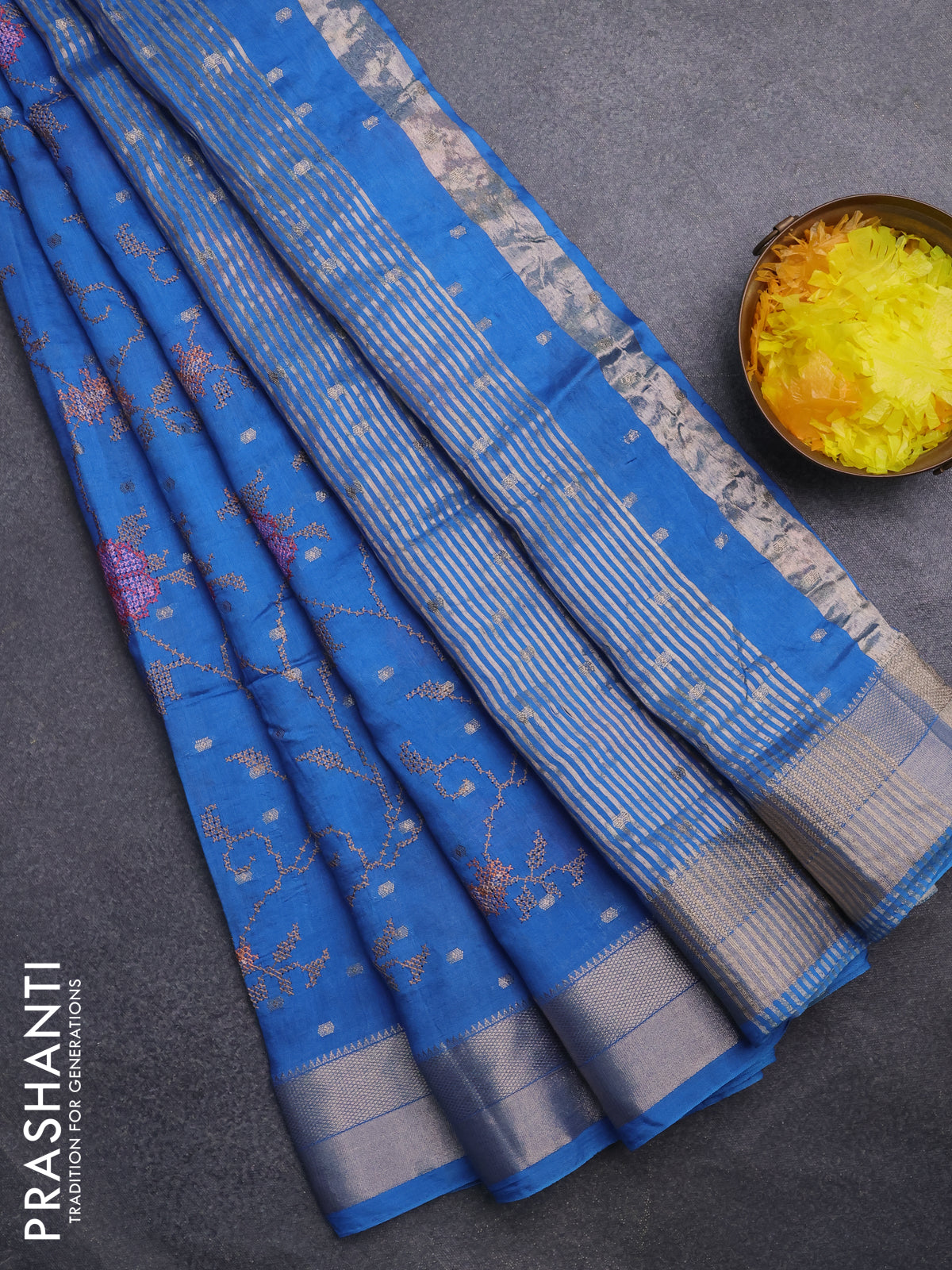 Assam silk saree cs blue with zari buttas & embroidery work and zari woven border