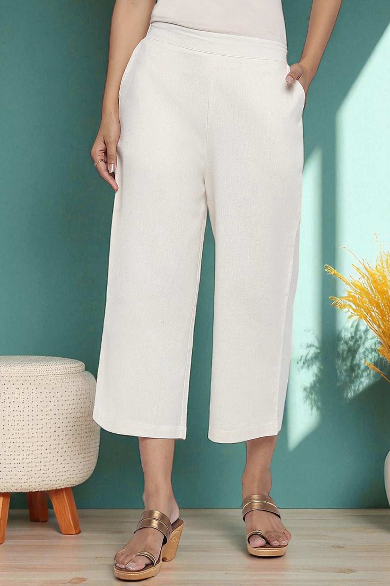 Off White Solid Cotton Flax Culottes in Calf Length