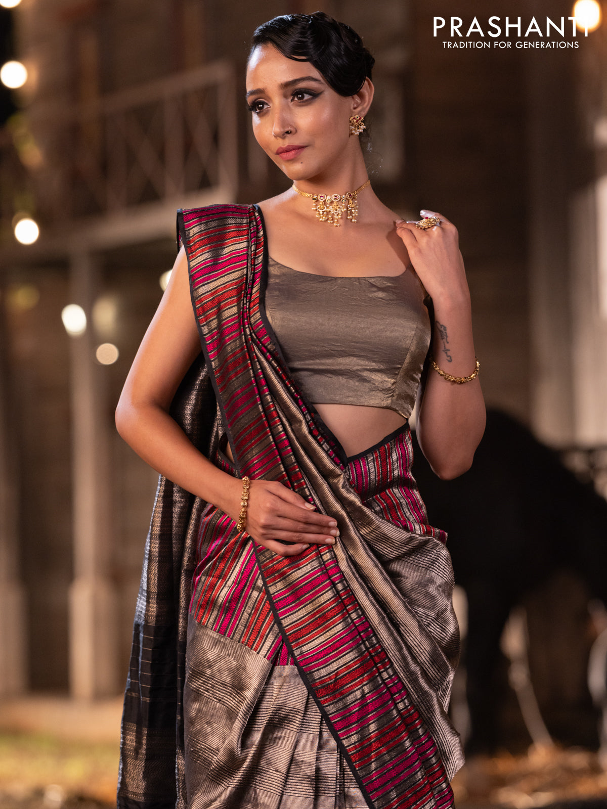 Banarasi katan tissue silk saree black with allover zari weaves and long thread & zari woven border