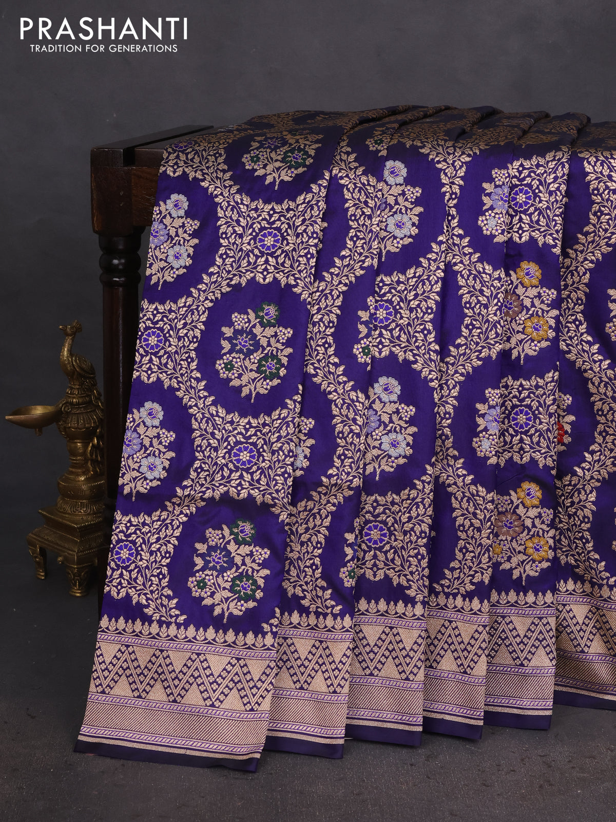 Banarasi uppada silk saree navy blue with allover zari woven floral brocade weaves and zari woven border