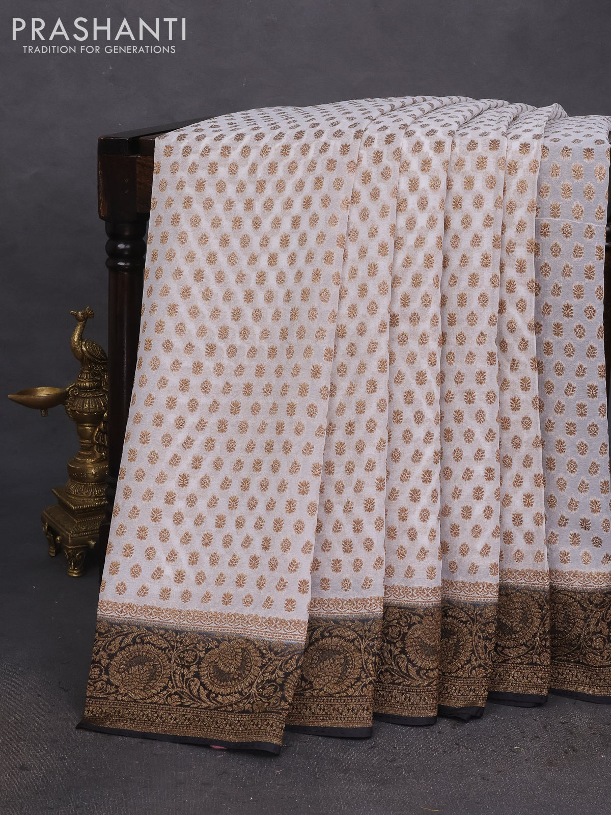 Banarasi semi georgette saree grey and black with allover thread & zari woven buttas and woven border