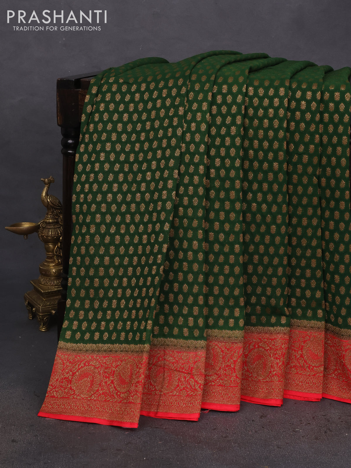 Banarasi semi georgette saree green and red with allover thread & zari woven buttas and woven border