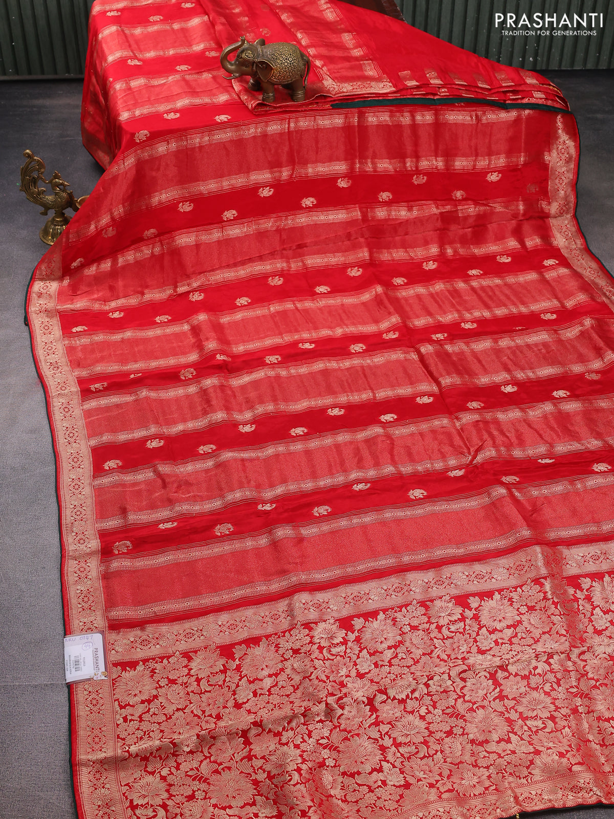 Banarasi silk saree red and green with allover zari weaves and zari woven border
