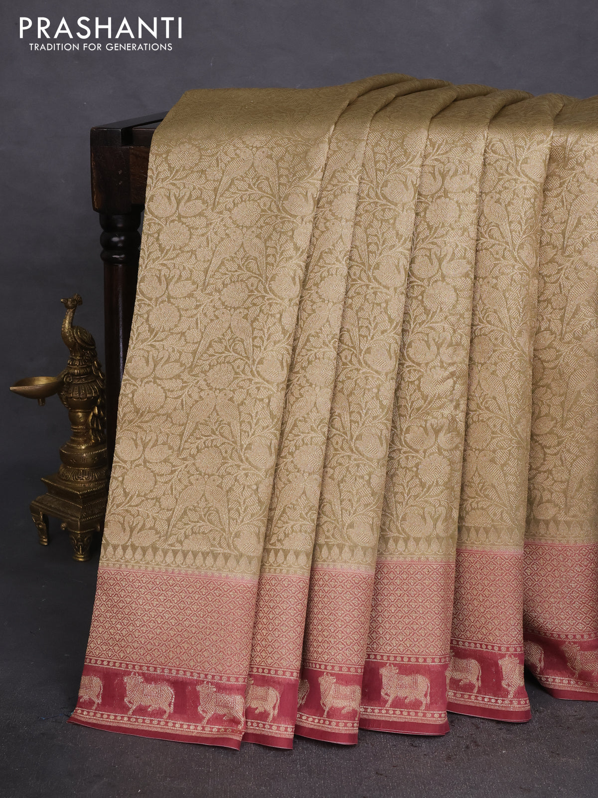 Banarasi silk cotton saree elaichi green and maroon shade with allover zari woven brocade weaves and woven border