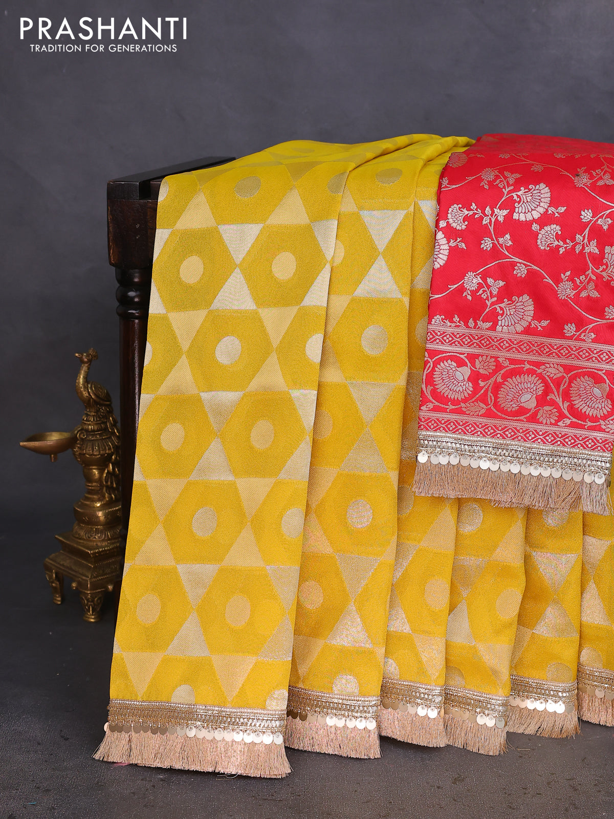 Banarasi tissue saree yellow and red with allover zari woven geometric wevaes and lace work border