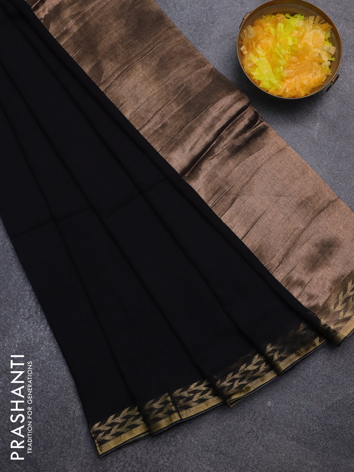 Bengal soft cotton saree black with plain body and zari woven border