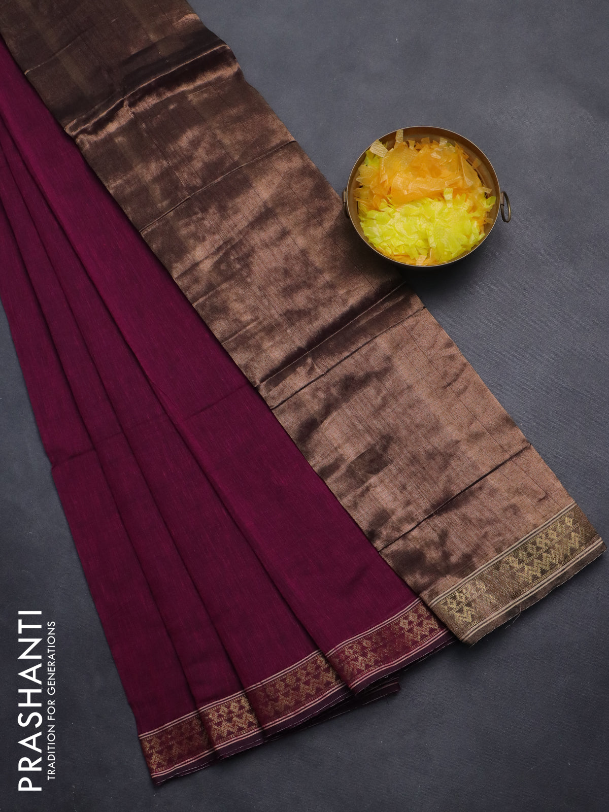 Bengal soft cotton saree dark magenta pink with plain body and zari woven border