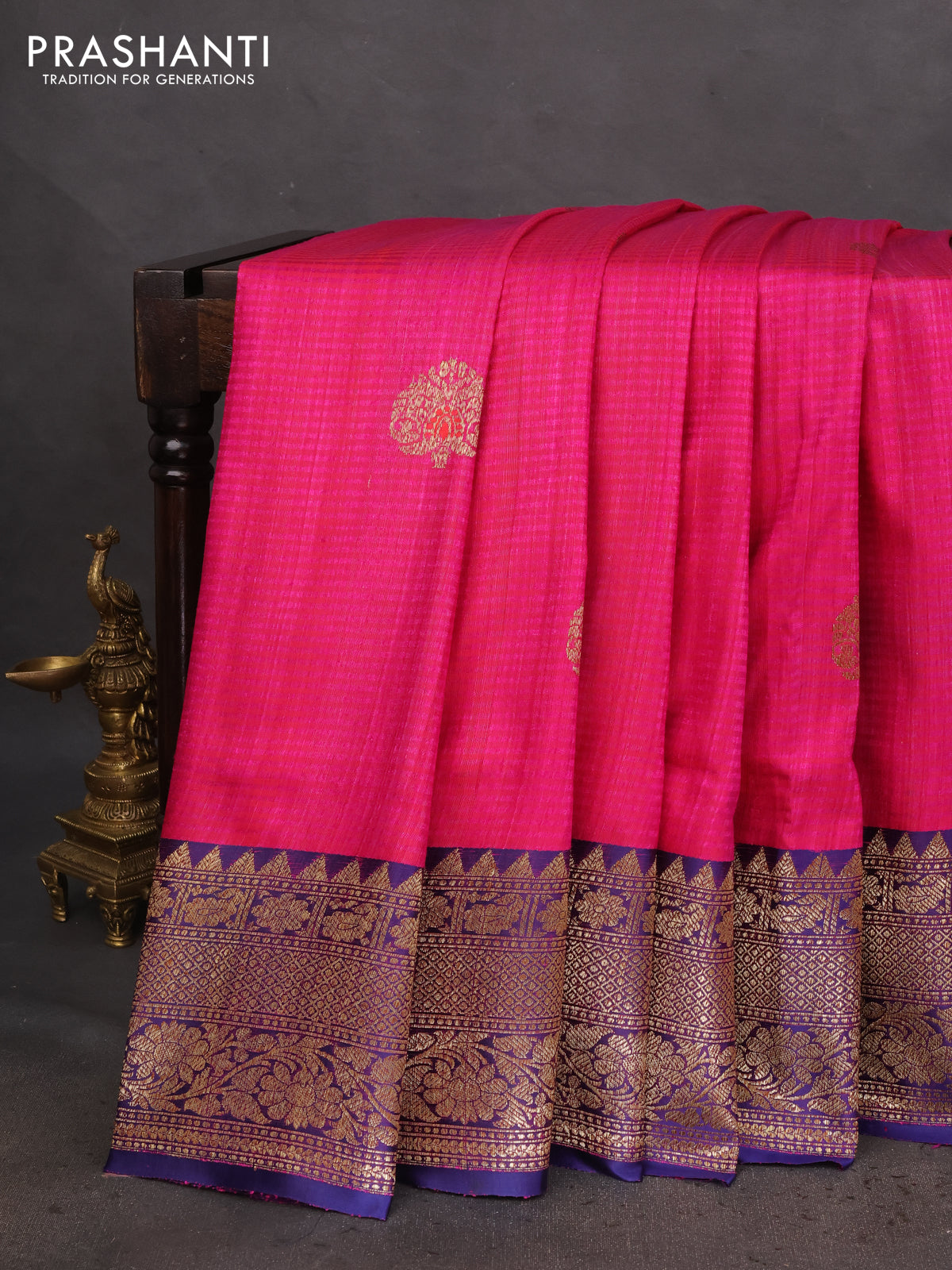 Banarasi handloom dupion silk saree pink and dark blue with woven buttas and woven border