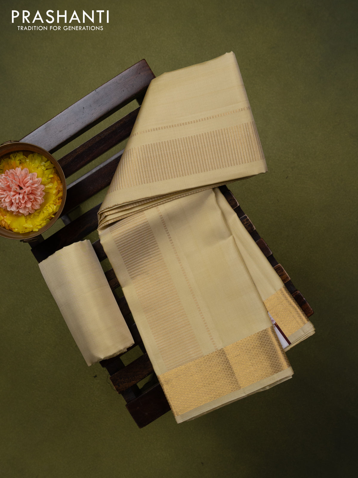 9x5 Pure silk dhoti and matching shirt bit gold with zari woven border