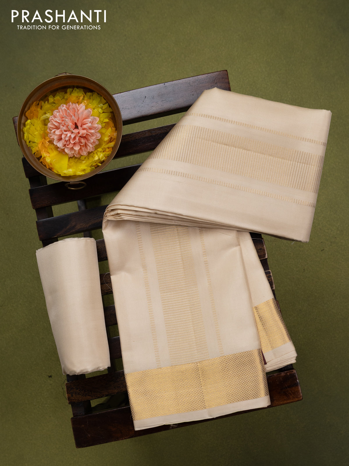 9x5 Pure silk dhoti and matching shirt bit cream with zari woven border