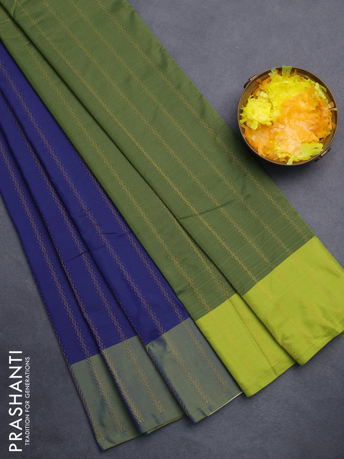Arani semi silk saree dark blue and light green with allover zari weaves and zari woven border